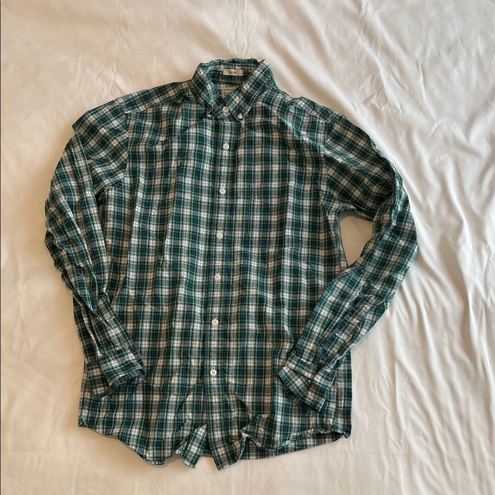 Green Plaid Men's J. Crew Slim Cut Shirt Sz Small Excellent Condition